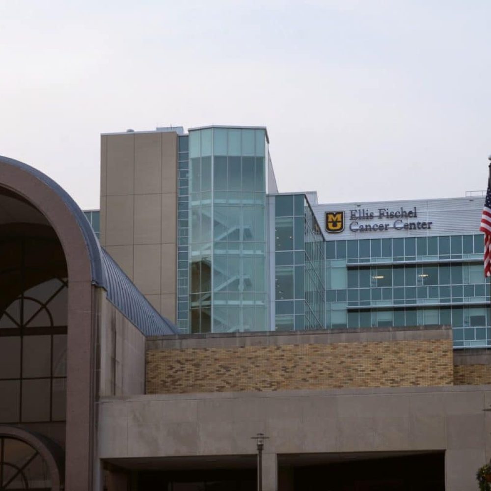 front Exterior view of ELLIS FISCHEL CANCER CENTER with signage in front of building